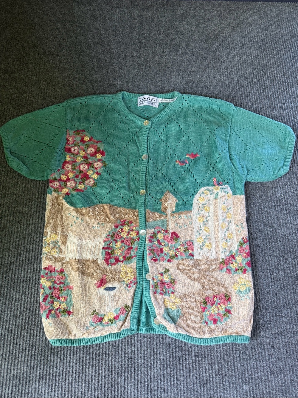 Jantzen Teal and Beige Garden Scene Knit Cardigan